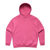 A pink hoodie with a front pocket and a large hood. The garment features a logo.