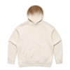 A cream-coloured hoodie featuring a front pocket and a hood. It has a logo on it.