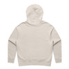 A beige hoodie featuring a large hood and a plain back design. It has a branding logo on the side.