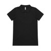 A black polo shirt with a collar and three buttons, featuring a logo on the chest.