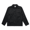 A black chore jacket featuring a button-up front, collar, and multiple pockets. It has a logo on the chest.
