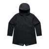 A black soft shell jacket with a hood and front pockets, featuring a simple design and a branding logo.