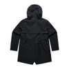 A black soft shell jacket with a hood and a back ventilation panel, featuring long sleeves and a simple design.