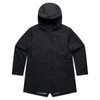 A black soft shell jacket with a hood and side pockets, featuring a streamlined design and a fitted look.