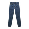 A pair of blue skinny jeans with a high waist and five pockets. Features stitching details and a branded logo.