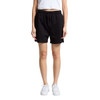 Black sports shorts with an elastic waistband, styled above the knee, worn by a model. Features a logo.