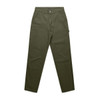 Utility pants in olive green with multiple pockets and a logo. Ideal for casual or outdoor wear.