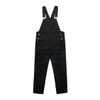 Black canvas overalls with adjustable straps and gold-tone buttons. Features multiple pockets for utility.