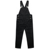 Black canvas overalls with adjustable straps and front pocket, featuring brass hardware.