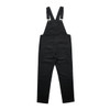 Black canvas overalls with adjustable straps and multiple pockets. Features a logo on the back.