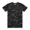 A black and grey camouflage t-shirt featuring a round neck and short sleeves, with a logo on the label.