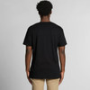 A black V-neck t-shirt viewed from the back, featuring a simple design and an unembellished rear.