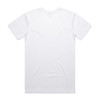 A white V-neck T-shirt featuring a plain back design and a logo at the neckline.