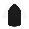 A black and white raglan tee with three-quarter sleeves and a round hem, featuring a logo on the back.