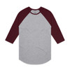 A grey and burgundy raglan tee with three-quarter sleeves, featuring a logo on the label.