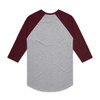 A grey raglan tee with burgundy sleeves and a curved hem, featuring a logo on the back.