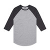 A raglan tee in grey with dark grey sleeves. The shirt has a round neckline and long sleeves.