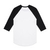 A raglan tee featuring a white body with black sleeves. The back view showcases the contrasting colours and a logo.