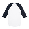 A raglan tee featuring a white body with navy blue sleeves. The back view showcases a classic design with a curved hem.