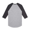 A grey and black raglan tee with three-quarter sleeves, featuring a logo on the back side.