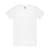 A white T-shirt with short sleeves and a round neckline, featuring a branding label.