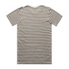 A striped t-shirt in brown and white with short sleeves and a round neckline, featuring a branding logo.