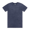A blue stone wash t-shirt with a round neck and short sleeves, featuring a logo on the label.