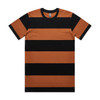 A striped tee featuring alternating broad bands of burnt orange and black. The shirt has a round neckline and short sleeves.