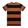 A t-shirt featuring wide horizontal stripes in orange and black. The back displays the stripe pattern.