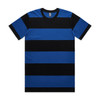 A blue and black striped t-shirt featuring a round neckline and short sleeves, with a logo on the label.
