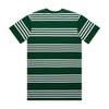 A green T-shirt featuring classic white quad stripes and a logo on the back.