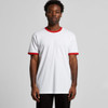 A white t-shirt with red ringer sleeves, featuring a logo on the front.