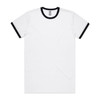 A white T-shirt with black collar and sleeve trims. The shirt features a small logo on the label.
