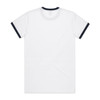A white T-shirt featuring a navy blue trim around the collar and sleeves, with a logo present.