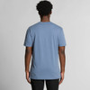 A plain faded blue t-shirt viewed from the back, featuring short sleeves and a relaxed fit.