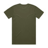 A plain olive green T-shirt with a crew neck and short sleeves, featuring a logo on the back.
