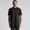 A black classic plus tee with short sleeves, featuring a logo, displayed on a model.