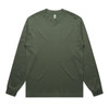 A long-sleeve tee in dark green, featuring a simple design and a logo on the label.