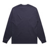 A navy blue long sleeve tee with a plain back and fitted cuffs. It features a logo on one side.