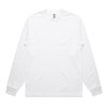 A long-sleeve white T-shirt featuring a minimalist design and a logo on the neckline.
