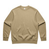 A beige jumper with a crew neck and long sleeves. It features a branding logo on the label.