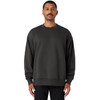 A dark grey jumper featuring a crew neck and long sleeves, presented on a male model. The garment has a branding logo.