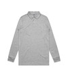 A long-sleeve polo shirt in grey with a collar, featuring buttons and branded details.