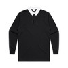 A long-sleeve black rugby jersey with a white collar and a front zip. It features a logo on the chest.