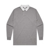 A grey rugby jersey with long sleeves and a white collar, featuring a logo on the chest.