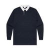 A navy rugby jersey with a white collar and long sleeves, featuring a logo on the chest.