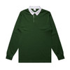 A dark green rugby jersey with a white collar and long sleeves, featuring a small placket. It includes a logo.