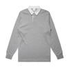 A grey long-sleeve rugby jersey with a white collar and a logo.