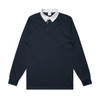 A long-sleeved rugby jersey in navy blue with a white collar and a small placket, featuring a logo.