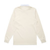 A long-sleeved rugby jersey in cream with a white collar. It features a logo on the front.